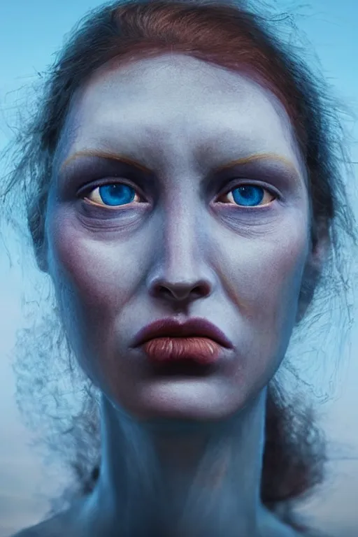 Image similar to outer body projection of beautiful woman, blue eyes, angry look, messy ginger hair, 4 k, cinematic lighting, hdr, highly detailed, ultra fine detail, photoreal, sharp focus, art by zdislav beksinski, rendered in octane, raytraced