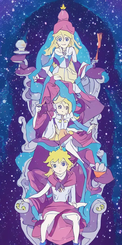 Image similar to a spiritual guru sitting on a throne of ice drawn by studio trigger, in the style of Little Witch Academia, spiritual enlightenment, tradition, conformity, morality, ethics