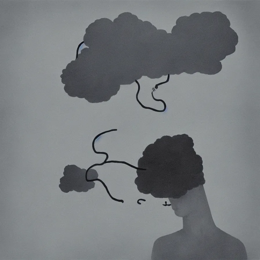 Prompt: surrealist artwork of the atmospheric indie album about your head feeling like a black cloud.