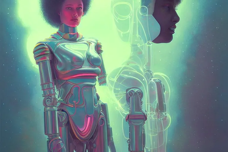 Image similar to patron saint of ☁ 🌈👩🏾, futuristic clothing, woman and robot, dreamlike, neon god of city character portrait, in the style of moebius, tom bagshaw, and waterhouse, cinematic lighting, beautiful, elegant, oil painting,