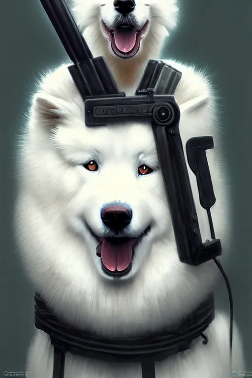 Prompt: pet samoyed with equipment, portrait by anna podedworna and greg rutkowski