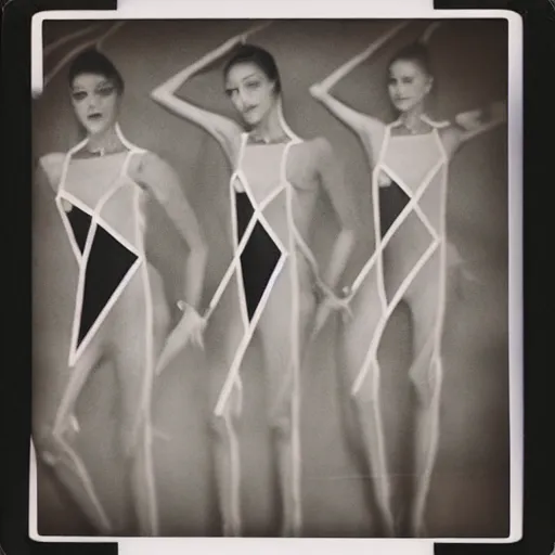 Image similar to polaroid of dancers in geometric costumes, smudge, lo fi, mix, texture