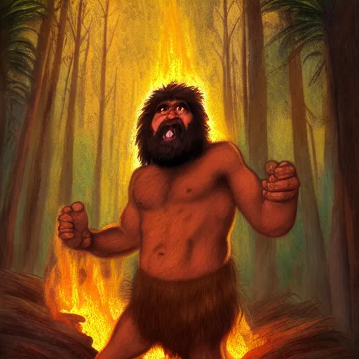 Image similar to caveman is shocked when they first time discovered fire , Unga bunga , illustration , HDR, natural lighting , award winning photograph, 8k, Mucha style,