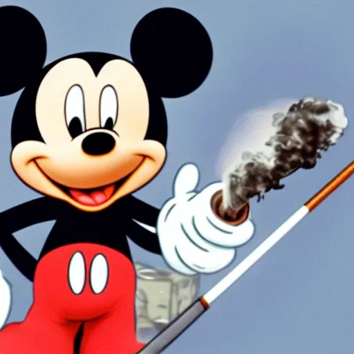 Image similar to Mickey Mouse smoking a big joint. He's stoned. His eyes are bloodshot.