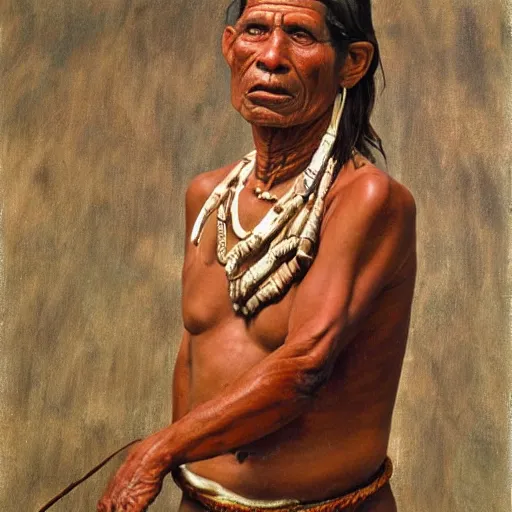 Image similar to high quality high detail painting by lucian freud, hd, full body of a indigenous tribe leader, photorealistic lighting