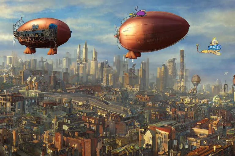 Prompt: a blimp in the shape of a pig, steampunk, digital art, extremely detailed, flying over a city