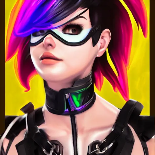 Image similar to full body digital artwork of tracer overwatch, wearing black iridescent rainbow latex tank top, 4 k, expressive happy smug expression, makeup, in style of mark arian, wearing detailed black leather collar, chains, black leather harness, detailed face and eyes,