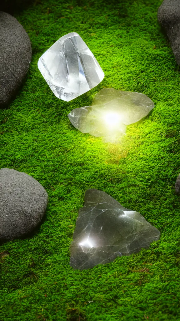 Prompt: a crystal heart laying on moss in a serene zen garden, light rays are coming through the leaves above, god rays, beautiful award winning macro photography, unreal engine 5, trending on artstation, serene secluded garden, isometric angle,