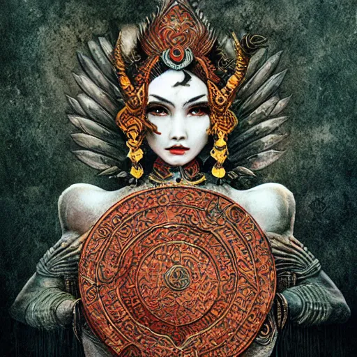 Image similar to Apsaras warrior with shield,traditional Chinese textures, hyper detailed, smooth,by Brook Shaden