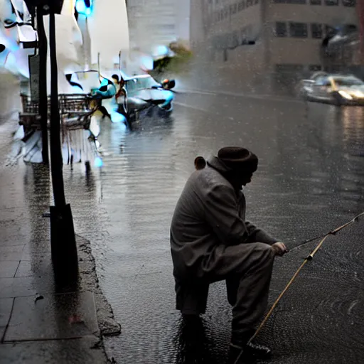 Prompt: portrait of a man fishing in a rainy new york street, photograph, magazine, press, photo