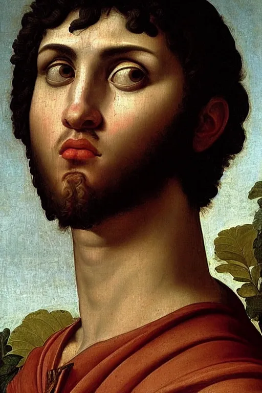 Prompt: renaissance painting of man, short black hair, pleading face, tears dripping from the eyes, emotions closeup, dressed in roman armour, the beautiful garden, ultra detailed, art by Guido Reni style, Vincenzo Catena style