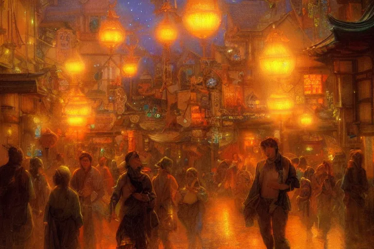 Prompt: fantasy art of glowing goldfish swimming in the air, in the streets of a japanese town at night, with people watching in wonder, by gaston bussiere, highly detailed digital art, trending on artstation