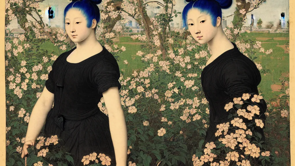 Prompt: portrait of a young asian woman with neon blue hair buns, wearing a black t-shirt, standing in a garden full of black flowers, intricate details, high detail, in a renaissance style, super-flat, in the style of Jean Auguste Dominique Ingres, James Jean, punk