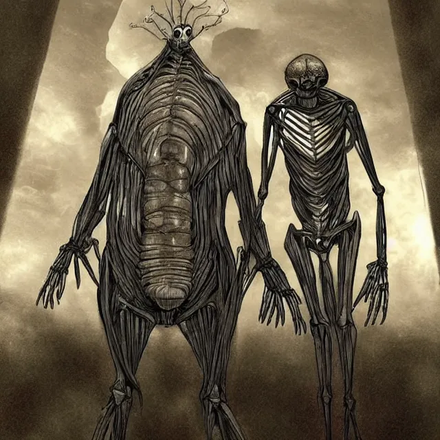 Prompt: a semi-humanoid alien creature that is 20 ft tall, the creature is able to control electricity, it has an external skeleton-like shell to protect it's body
