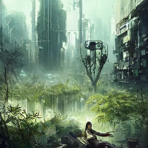 Prompt: cyberpunk dystopia overgrown by plants, dark surrealism, Greg Rutkowski