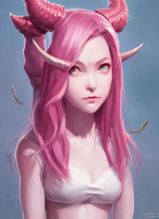 Image similar to a highly detailed illustration of cute smug pink haired pale girl with curved horns wearing oversized pink hoodie, dramatic smirk pose, intricate, elegant, highly detailed, centered, soft light, character design, cushart krenz, digital painting, artstation, concept art, smooth, sharp focus, league of legends concept art, wlop.