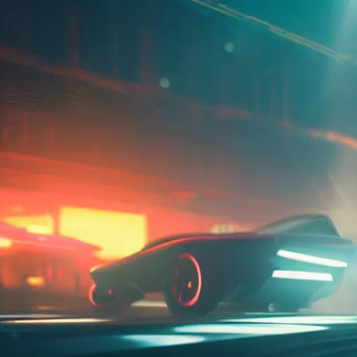 Prompt: flying car in cityscape, blade runner 2049, shallow depth of field medium shot, award winning, gritty, god rays