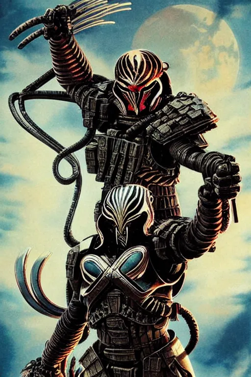 Image similar to poster of the predator with japanese armor and helmet, by yoichi hatakenaka, masamune shirow, josan gonzales and dan mumford, ayami kojima, takato yamamoto, barclay shaw, karol bak, yukito kishiro