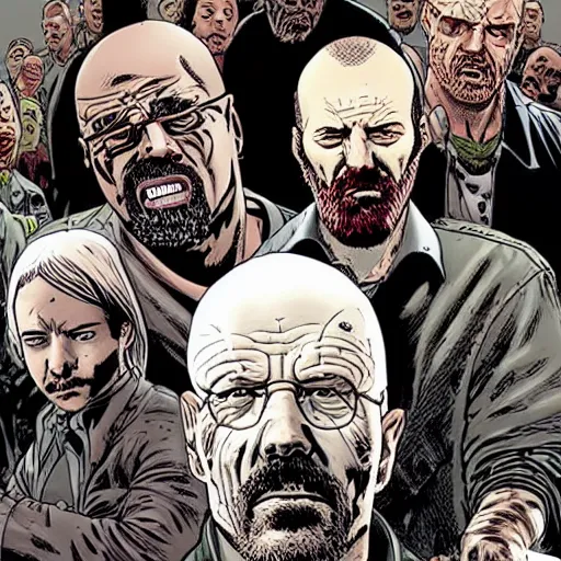 Prompt: “the walking dead comic cover featuring the cast of breaking bad in the style of Glenn Fabry.”