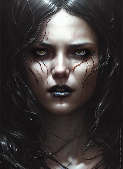 Prompt: lovely woman in distress, black shiny eyes, ultra realistic, concept art, intricate details, eerie, highly detailed, photorealistic, 8 k, unreal engine. art by artgerm and greg rutkowski and magali villeneuve