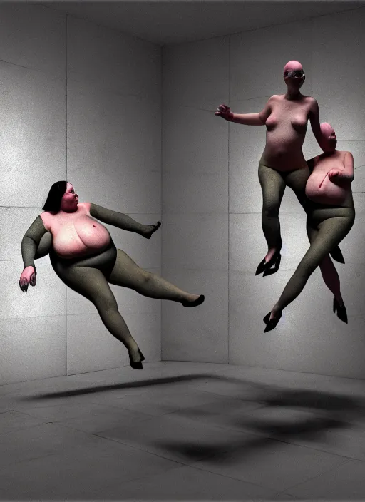 Prompt: fat womanand special forces entwined floating inside a brutalist space, gothic, by francis bacon, adrian ginn, james ginn, petra courtright, jenny saville, part gerhard richter, masterpiece. rendered in blender, ultra realistic, smooth shadows, ultra detail, high resolution, cinematic unreal 6, 8 k 3 d