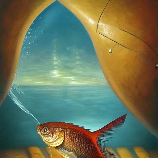 Image similar to surprised fish sitting on the top of a pile of fish, all the fish are inside a cooking pot on fire, side view, by vladimir kush, dystopian art, rococo