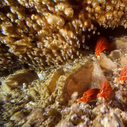 Image similar to underwater macro photo of nephrops in burrow on seabed with signpost