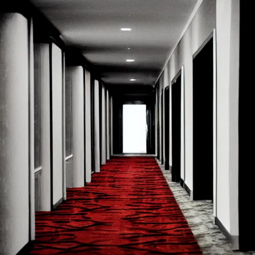 Image similar to An empty hotel hallway, the walls are red and yellow, liminal space