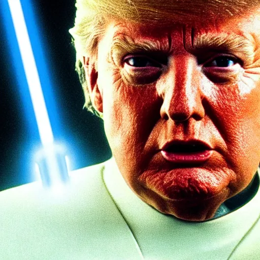 Prompt: a film still of extreme close up donald trump as a jedi in star wars