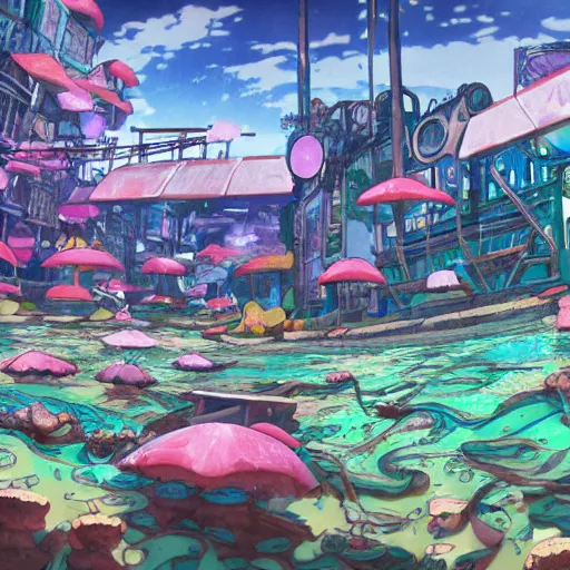 Image similar to painted anime background of an underwater slums shopping district built from various coral seashells and being reclaimed by nature, seaweed, light diffraction, litter, steampunk, cyberpunk, caustics, anime, vhs distortion, inspired by splatoon by nintendo, art created by miyazaki