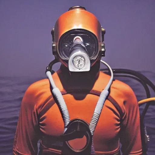 Prompt: ghost scuba diver wearing copper four light, twelve bolt diving helmet, heavy diving gear, emerging from the ocean at night in the style of ghost of captain cutler