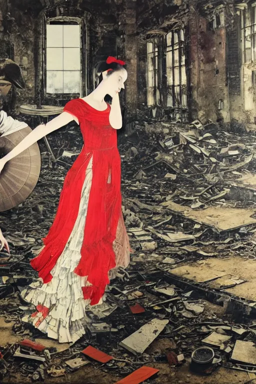Image similar to A young woman dancing with her grandfather in front of a gramophone inside the ruined remained of a hospital, by Adrian Ghenie and Gerhard Richter part by Takato Yamamoto. 8k masterpiece, hyper detailed, sharp focus, Soft light 4K,