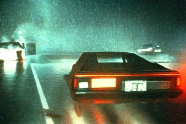 Image similar to movie still from terminator 1 9 8 0 s kinetic high - speed car chase night time thunderstorm