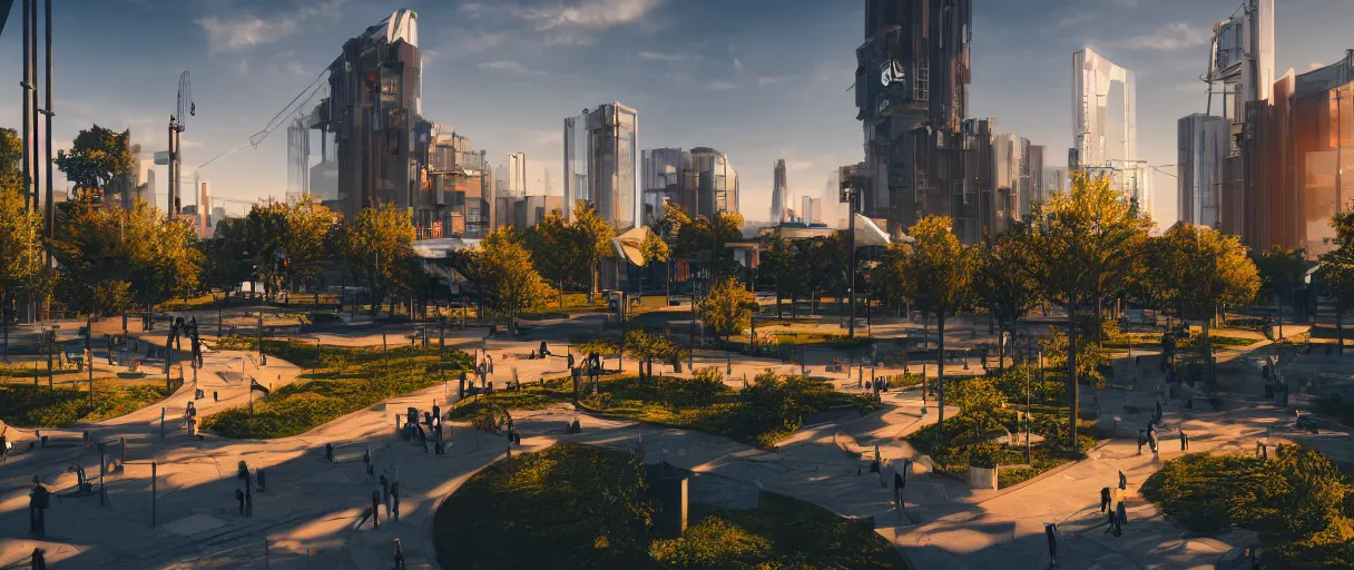 Image similar to modern city center public park, modern landscape architectural design for industrialpunk, gorgeous lighting, golden hour, cyberpunk, 2077, dramatic lighting and composition, high detail digital art 5, 8k