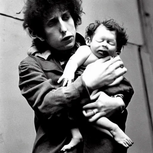 Prompt: bob dylan cradling a fat goblin like a baby, photograph, 1 9 6 5