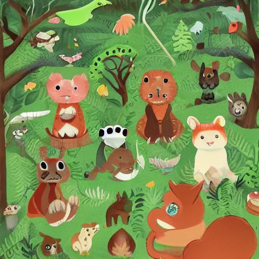 Prompt: a forest full of cute critters