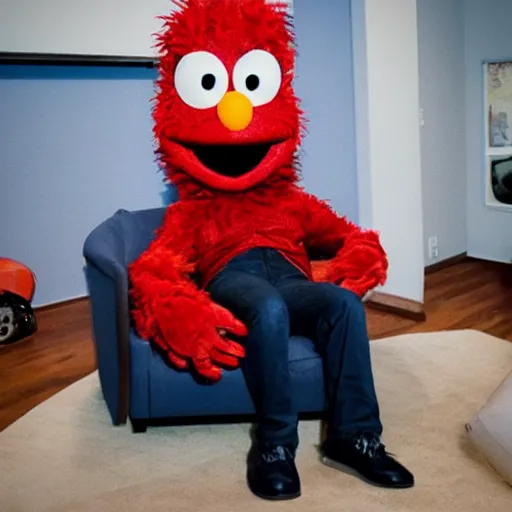 Prompt: photo of Elon Musk in an Elmo costume