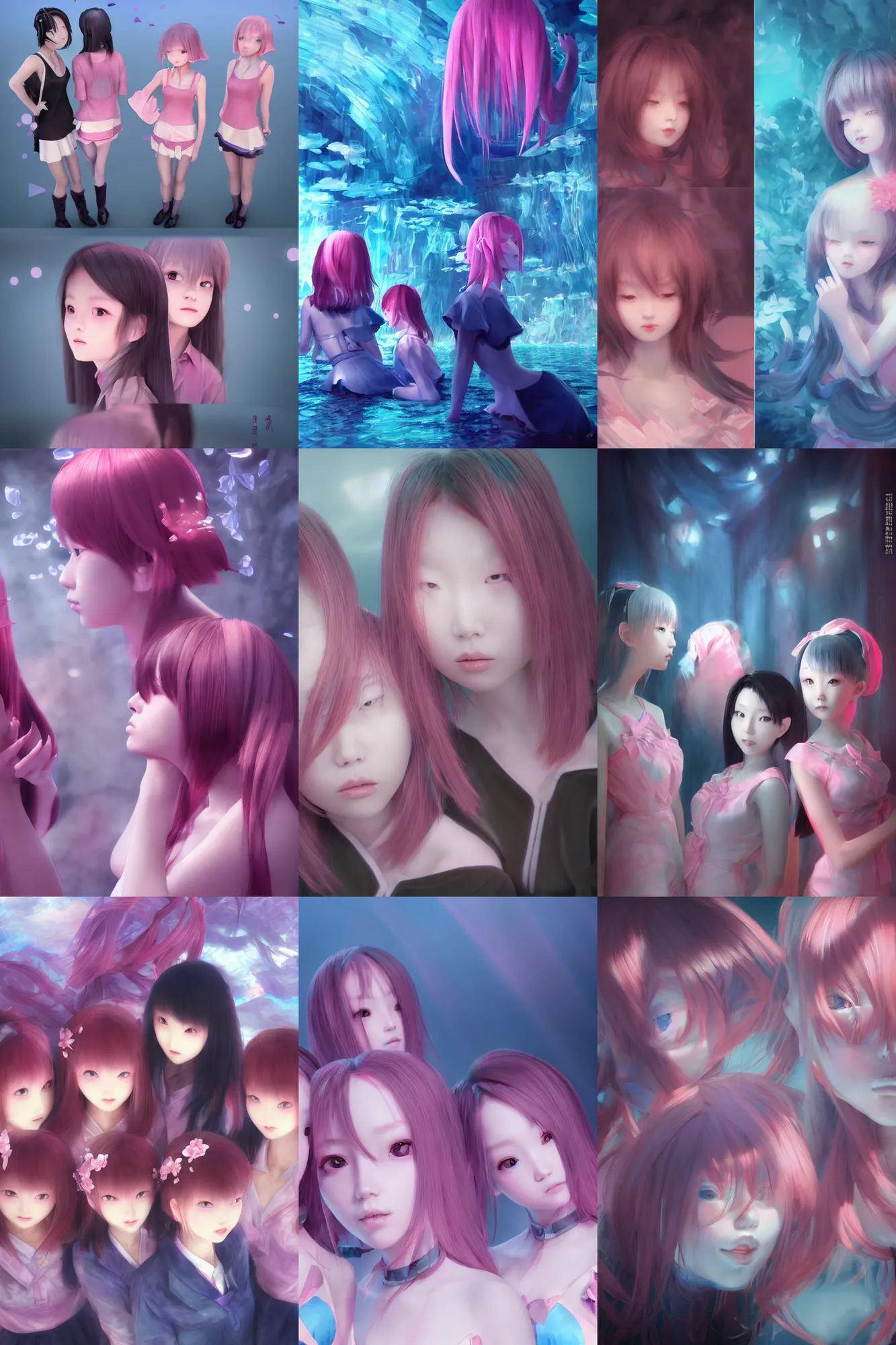 Image similar to 3d dark infrared octane render concept art by D. Jun, by Mo Xiang Tong Xiu, by Igarashi Daisuke, beauty portrait anime schoolgirls under dark pink and blue water. cute face. complex mirror room. dramatic light, trending on artstation.