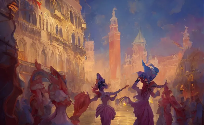 Prompt: the enchanted venice carnival dream with venitian masked people, behance hd artstation by jesper ejsing, by rhads, makoto shinkai and lois van baarle, ilya kuvshinov, ossdraws