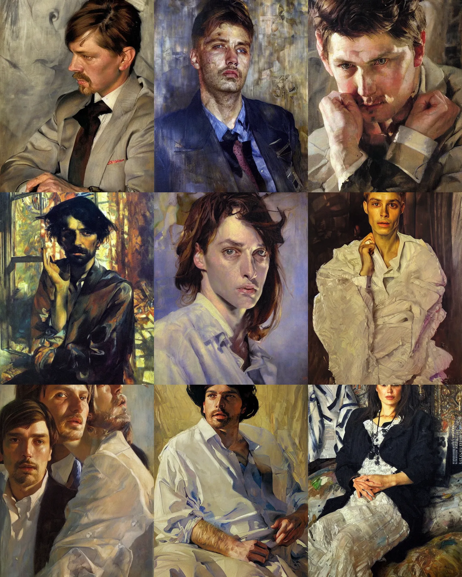 Prompt: portrait by nikolay feshin and valentin serov and and mikhail vrubel, oil on canvas. Cinematic, hyper realism, dramatic lighting, high detail