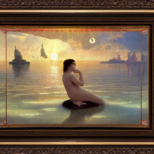 Image similar to Floating palace, moon reflecting on the water, thunderstorm, greek pool, beach and Tropical vegetation on the background major arcana sky, by paul delaroche, alphonse mucha and arnold böcklin, hyperrealistic 8k, award-winning, very very very detailed