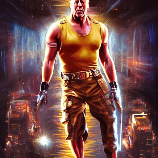 Image similar to bruce willis in the fifth element, cinematic lightning, high definition, illustration, digital painting, cgsociety, dynamic pose, film cover, highly detailed,