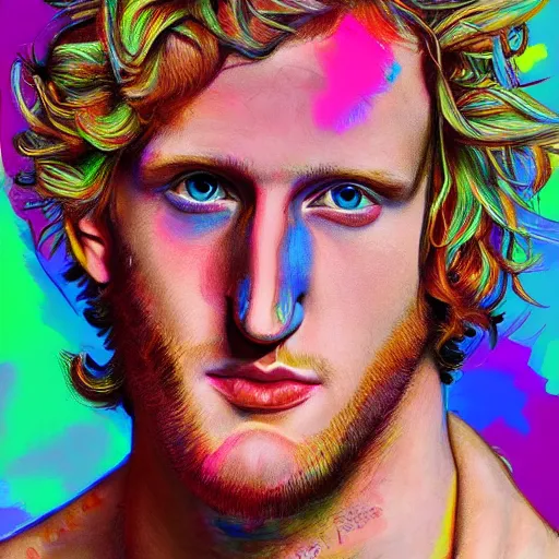 Image similar to an extremely psychedelic portrait of logan paul, lsd, face, detailed, intricate, elegant, lithe, highly detailed, digital painting, artstation, concept art, smooth, sharp focus, illustration