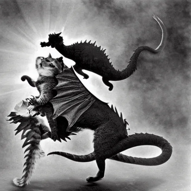 Image similar to silver gelatin photograph of a cat attacking a dragon, london 1 9 1 2