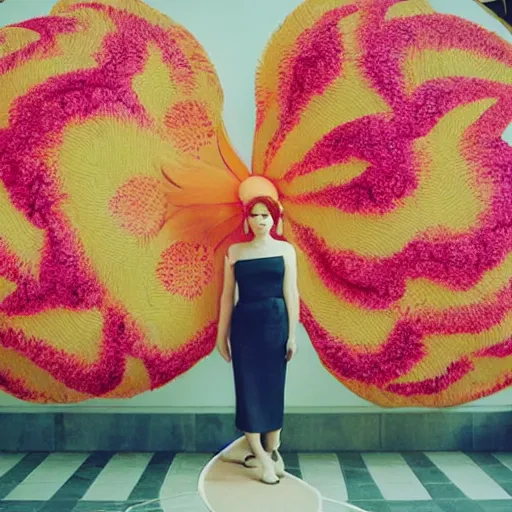 Image similar to giant flower head, frontal, girl standing in mid century hotel, surreal, symmetry, bright colors, cinematic, wes anderson