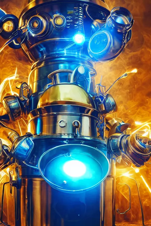 Image similar to portrait photo of a giant golden and blue metal steampunk robot chef wearing a big chef hat, with steaming pots and pans and tubes, eyes are green lights, shiny crisp finish, 3 d render, 8 k, insaneley detailed, fluorescent colors, background is multicolored lasershow