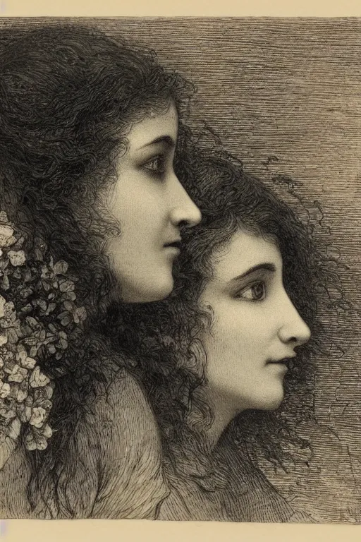 Prompt: black and white, close up portrait of two women in flowers, Gustave Dore lithography