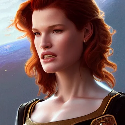 Image similar to ultra realistic illustration, bella thorne as captain janeway, intricate, elegant, highly detailed, digital painting, artstation, concept art, smooth, sharp focus, illustration, art by artgerm and greg rutkowski and alphonse mucha