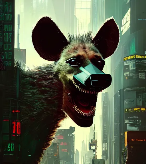 Prompt: new york city portrait of furry anthro anthropomorphic spotted hyena crocuta head animal person fursona wearing clothes strange cybernetic muzzle gloomy rainy screenshot from the video game cyberpunk 2077 digital art by Greg Rutkowski, Simon Stalenhag, christopher nolan trending on Artstation, CGSociety