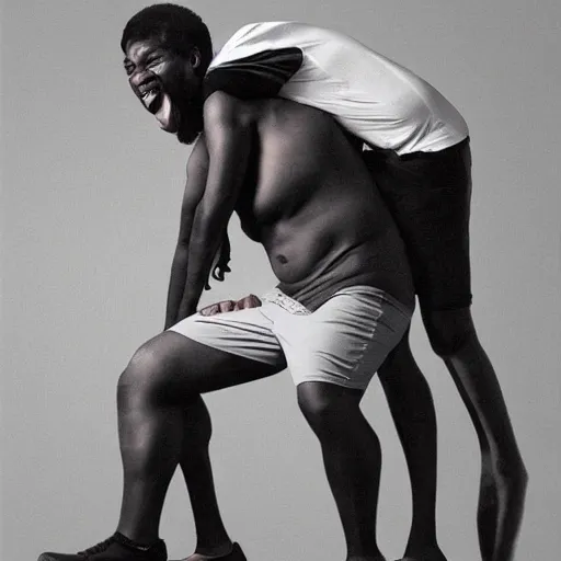 Image similar to a little black person rides on the shoulder's of a huge 7 ft tall 5 0 0 pound black man. hyperreal - h 6 4 0